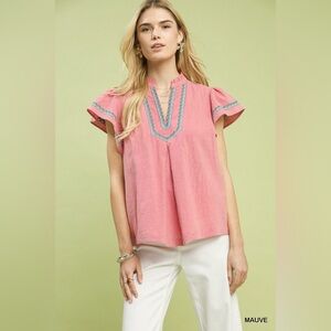 Umgee Embroidered Flutter Sleeve Blouse